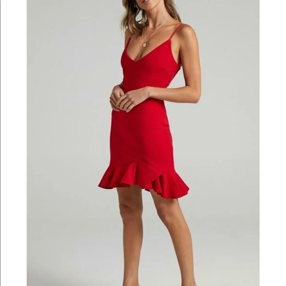 Showpo Red Spaghetti Strap Ruffle V-Neck Dress Womens Size 12 Feminine Flirty - Picture 2 of 11